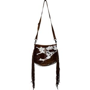 Myra Bag Edgy Hairon Leather Fringe Crossbody Bag Brown Western Boho Whipstitch